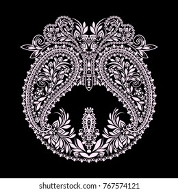 Neckline  design. Black and white floral  lace pattern. Vector print with paisley and  decorative elements for embroidery, for women's clothing.