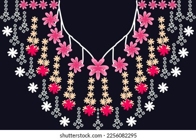 Diseño de los cuellos, patrón floral, rosa, rojo, blanco, fondo negro, indio, turco, patrón tribal