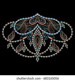 Neckline  design. Geometric colorful  lace pattern. Vector print with paisley and  decorative elements for embroidery, for women's clothing.