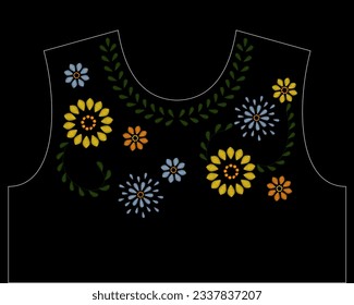 vector de diseño de línea de cuello con flor colorida de punción de satén. patrón de línea de cuello para el detalle del bordado de punto de satén. adorno decorativo para el diseño de ropa
