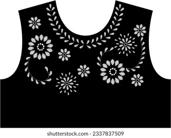 Neckendesign-Vektorgrafik mit satinierter weißer Blume. Schnittmuster für die Stickerei von Satinstichen. dekorative Ornamente für Bekleidungsdesign
