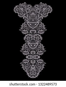 Neckline  design.Vertical black and white floral  lace pattern with paisley.  Vector print with   decorative elements for embroidery, for women's clothing.