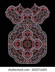 The neckline - dotted ethnic design. Floral colorful traditional pattern. Vector print with decorative elements and beads for embroidery, for women's clothing.