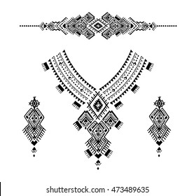 Neckline is embroidered with a Aztec style beads, female jewelry, ethnic necklace, print on t-shirt