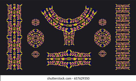 Neckline is embroidered with a Aztec style beads, female jewelry, ethnic necklace, print on t-shirt