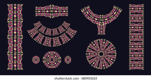 Neckline is embroidered with a Aztec style beads, female jewelry, ethnic necklace, print on t-shirt