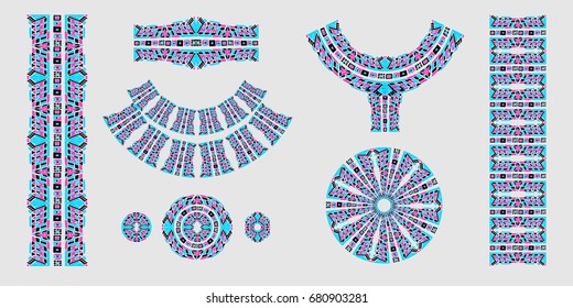 Neckline is embroidered with a Aztec style beads, female jewelry, ethnic necklace, print on t-shirt