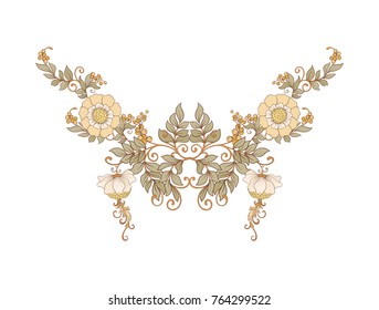 Neckline embroidery elements for fashion. Floral elements for design in art nouveau style, vintage, old, retro style. Stock vector illustration.