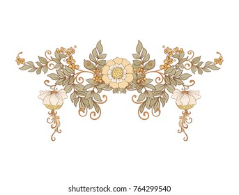 Neckline embroidery elements for fashion. Floral elements for design in art nouveau style, vintage, old, retro style. Stock vector illustration.