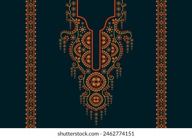 Neckline embroidery ethnic pattern. Floral necklace geometric orange flower on blue background neck ornament. Design for clothing, fashion women, wearing, shirt, print, wallpaper and background