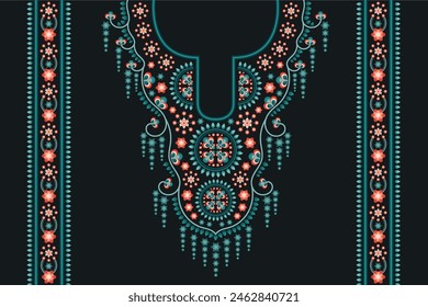 Neckline embroidery ethnic pattern. Floral necklace geometric pink blue flower on dark background neck ornament. Design for clothing, fashion women, wearing, shirt, print, wallpaper and decoration