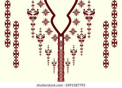 Neckline embroidery ethnic traditional geometric abstract pattern. Border elements native decoration design for fabric, clothing, ornament, collar, t shirt, chest decor, background, illustration