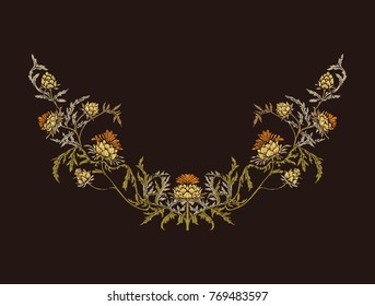 Neckline embroidery for fashion. Floral elements for design in art nouveau style, vintage, old, retro style. Stock vector illustration.
