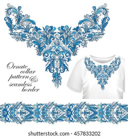 Moda de bordado en el cuello, impresión, decoración, encaje, paisajes, vectores de stock. Diseño de collarín de flores de lujo. Bonos fronterizos sin problemas. Azul