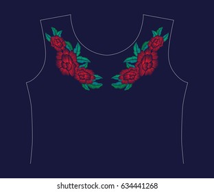 Neckline embroidery stitches with poppy flowers. Design for fashion wearing. Vector embroidered ornament.