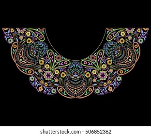 Neckline ethnic design, bohemian style. Geometric colorful traditional pattern. Vector print with decorative elements and paisley for embroidery, for women's clothing.