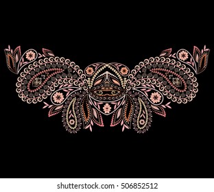Neckline ethnic design, bohemian style. Geometric colorful traditional pattern. Vector print with decorative elements and paisley for embroidery, for women's clothing.