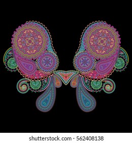Neckline ethnic design, bohemian style. Geometric colorful traditional pattern. Vector print with decorative elements and paisley for embroidery, for women's clothing.