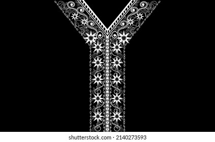 Neckline ethnic design. Floral black and white pattern. Vector print for embroidery, clothing, background, wallpaper.