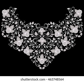 Neckline ethnic design. Floral black and white lace pattern. Vector print with roses and decorative elements for embroidery, for women's clothing.







