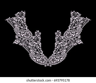 Neckline ethnic design. Floral black and white lace pattern. Vector print with decorative elements and paisley for embroidery, for women's clothing.