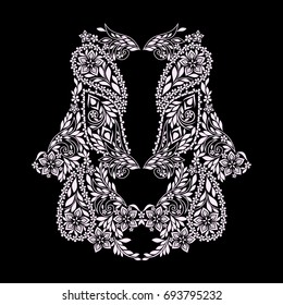 Neckline ethnic design. Floral black and white lace pattern. Vector print with decorative elements and paisley for embroidery, for women's clothing.