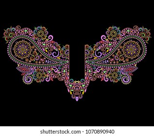 Neckline ethnic design. Floral colorful traditional pattern. Vector print with decorative elements and paisley  for embroidery, for women's clothing.