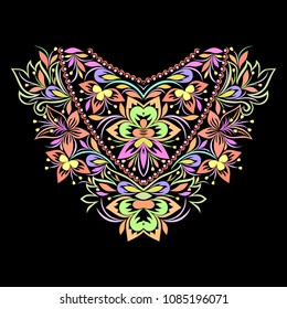 Neckline ethnic design. Floral colorful traditional pattern. Vector print with decorative elements for embroidery, for women's clothing.
