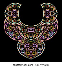 Neckline ethnic design. Floral colorful traditional pattern with beads. Vector print with decorative elements and beads for embroidery, for women s clothing.