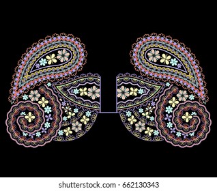 Neckline ethnic design. Floral pattern. Vector print with paisley and decorative elements for embroidery, for women's clothing.