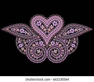 Neckline ethnic design. Floral purple  pattern. Vector print with heart and decorative elements for embroidery, for women's clothing.