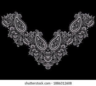 Diseño étnico en el cuello. Patrón tradicional floral blanco y negro. Impresión vectorial con elementos decorativos y paisley para bordado, para ropa de mujer.