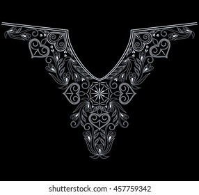 Neckline ethnic design. Geometric black and white  lace pattern. Vector print  with decorative elements  and hearts for embroidery, for women's clothing.