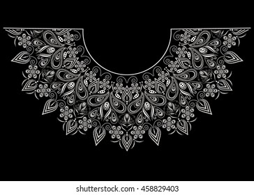 Neckline ethnic design. Geometric black and white  lace pattern. Vector print  with decorative elements  and paisley for embroidery, for women's clothing.