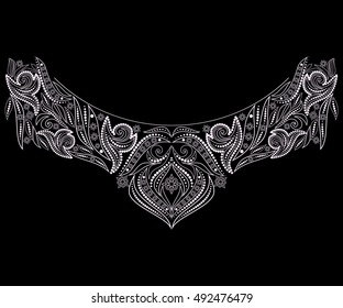 Neckline ethnic design. Geometric black and white lace pattern. Vector print with decorative elements and paisley for embroidery, for women's clothing.





