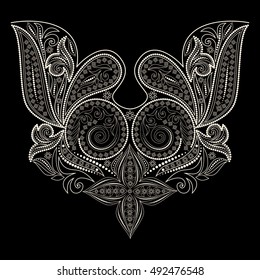Neckline ethnic design. Geometric black and white lace pattern. Vector print with decorative elements and paisley for embroidery, for women's clothing.