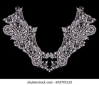 Neckline ethnic design. Geometric black and white lace pattern. Vector print with decorative elements and paisley for embroidery, for women's clothing.