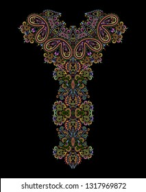 Neckline ethnic design. Geometric colorful traditional pattern with paisley. Vector print with decorative elements and paisley for embroidery, for women's clothing.