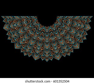 Neckline ethnic design. Geometric colorful pattern with dots.  Vector print with decorative elements for embroidery, for women's clothing.