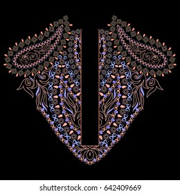 Neckline ethnic design. Geometric colorful pattern with paisley . Vector print with decorative elements and paisley for embroidery, for women's clothing.