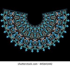 Neckline ethnic design. Geometric turquoise pattern. Vector print  with decorative elements for embroidery.