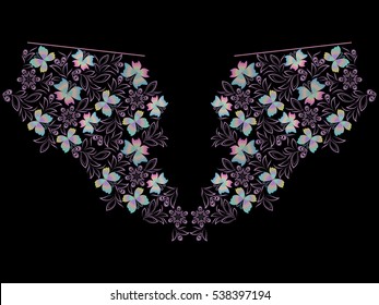 Neckline ethnic design, pink leaves and delicate butterflies.Symmetrical and harmonious pattern.  Vector print with decorative elements  for embroidery, for women's clothing.