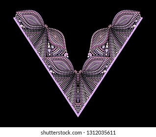 Neckline ethnic design, triangular  cutout. Geometric colorful traditional pattern. Vector print with decorative elements and beads for embroidery, for women's clothing.