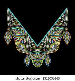 Neckline ethnic design, triangular  cutout. Geometric colorful traditional pattern. Vector print with decorative elements and beads for embroidery, for women's clothing.