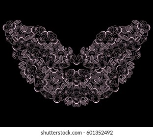Neckline ethnic design.Pink lace pattern with roses.  Vector print with decorative elements for embroidery, for women's clothing.