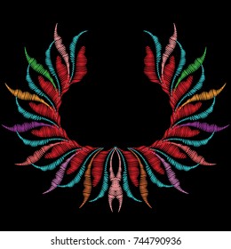 Neckline floral embroidery pattern. Vector isolated grunge embroidered texture. Bright colorful tapestry abstract flowers leaves pattern on the black background. Vintage design for collars, fashion.