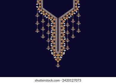 Neckline floral paisley embroidery on navy blue background.floral neckline pattern traditional. abstract vector illustration.design for texture,fabric,clothing,fashion women wearing.