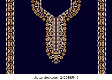 Neckline floral paisley embroidery on dark blue background.floral neckline pattern traditional. abstract vector illustration.design for texture,fabric,clothing,fashion women wearing.