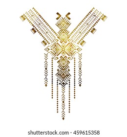 Neckline with a gold embroidered Aztec style beads, female jewelry, ethnic necklace, print on t-shirt