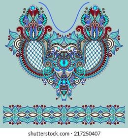 Neckline ornate floral paisley embroidery fashion design, ukrainian ethnic style. Good design for print clothes or shirt. Vector illustration